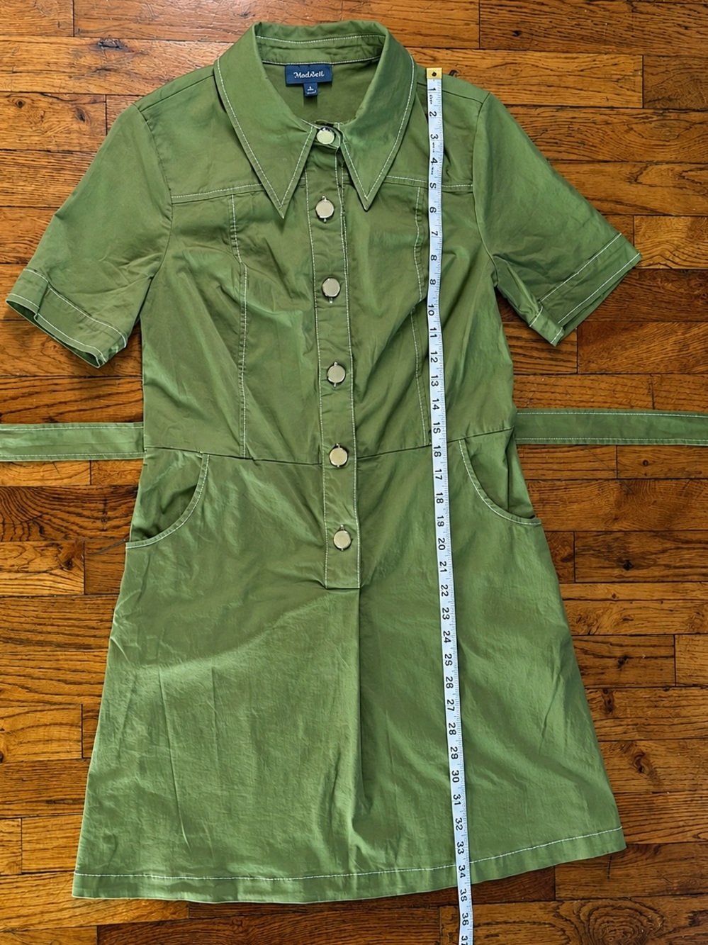 ModCloth Olive Green Utility Shirt Dress Button Front Tie Waist Pockets Retro 8 - Picture 11 of 16